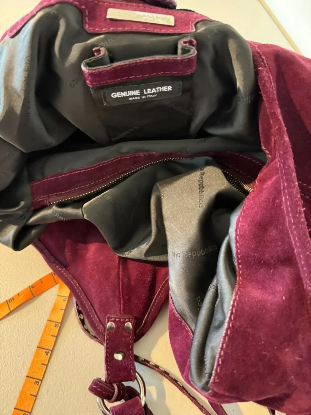 Via Repubblica Large Burgundy Suede Hobo Bag Studded Zip Pocket Shoulder Purse